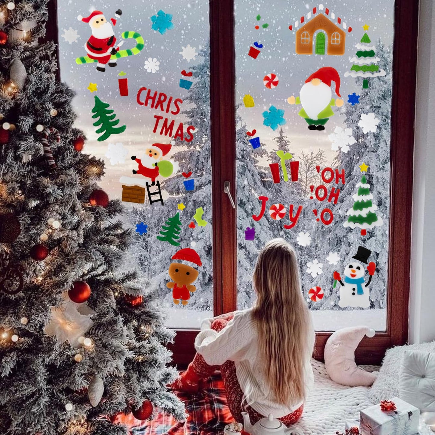 6 Sheet Christmas Window Clings Gel,Snowman,Gingerbread Man,Christmas Tree, Santa Claus, Snowflakes, Christmas Stickers for Glass Windows, Window Clings Christmas Decorations