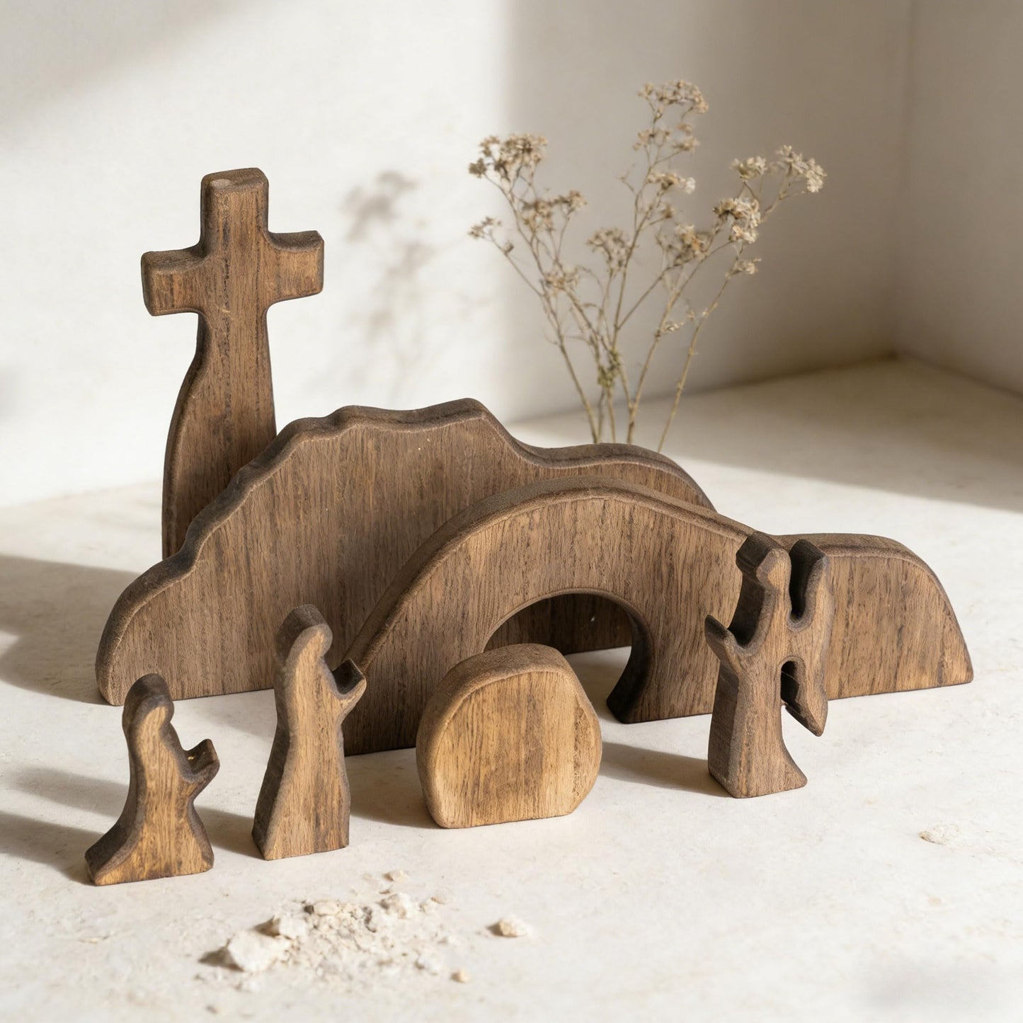 NEROSUN Empty Tomb Easter Scene and Cross Decoration, Wooden Jesus Resurrection Nativity Set, Religious Christian Tabletop Decor for Home Office Christian