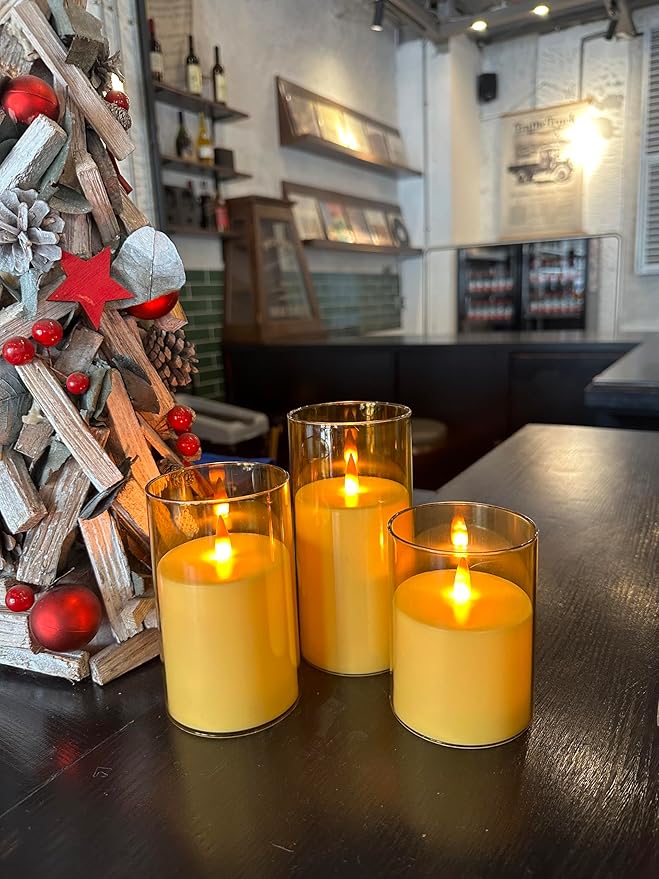Upinmz Gold Acrylic Flameless Candles with Remote Control and Timers，Battery Operated Candles，LED Pillar Candles with Dancing Flame ，for Home Decorations ，Set of 3