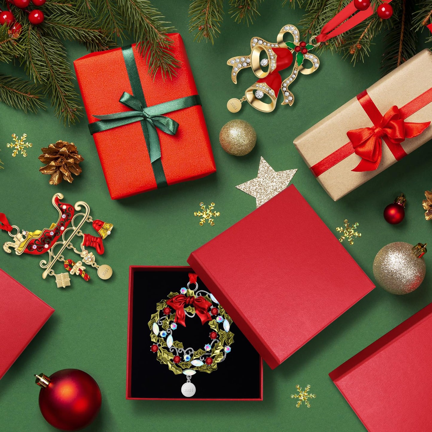 3 Pcs 2026 Christmas Crystals Hanging Ornaments Snowflake Snowman Holiday Ornament Shimmer Metal Bell Wreath on Ribbon with Gift Box for New Year Gift Xmas Tree Sun Catcher Home Hanging Decor(Holiday)