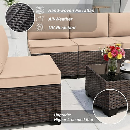 ALAULM 14 Pieces Outdoor Patio Furniture Set Sectional Sofa Sets Brown PE Rattan Patio Conversation Set w/12 Khaki Seat Cushions and 2 Coffee Tables
