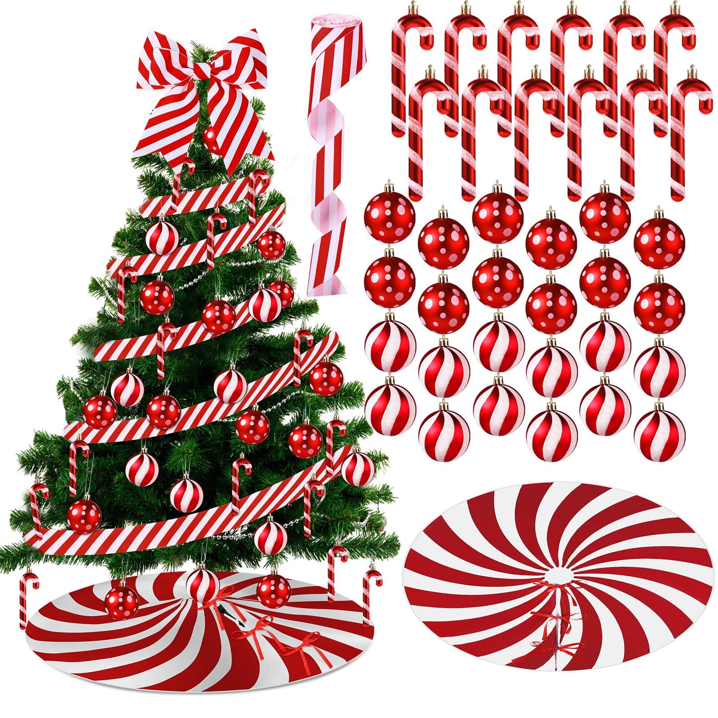 Shappy 38 Pcs Christmas Tree Ornaments Sets, Candy Cane Red White Stripes Xmas Tree Hanging Decorations, Plastic Xmas Ball Variety Shapes with Ribbon New Year Holiday Party Supplies(Cute,47.2'')