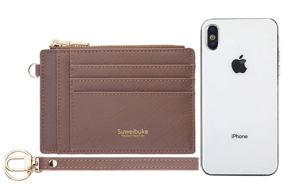Women Slim Rfid Blocking Credit Card Case Holder Wristlet Zip ID Case Wallet Small Compact Leather Wallet Coin Purse with Keychain (Camel)