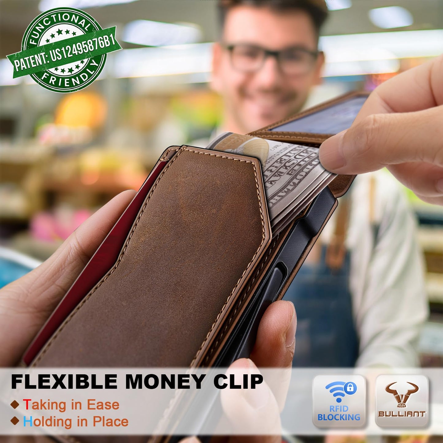 BULLIANT Men Full Grain Leather Wallet, Metal Wallet Money Clip Magnetic Flip 13 Cards Pop-up Access Simplifed Bill Folder