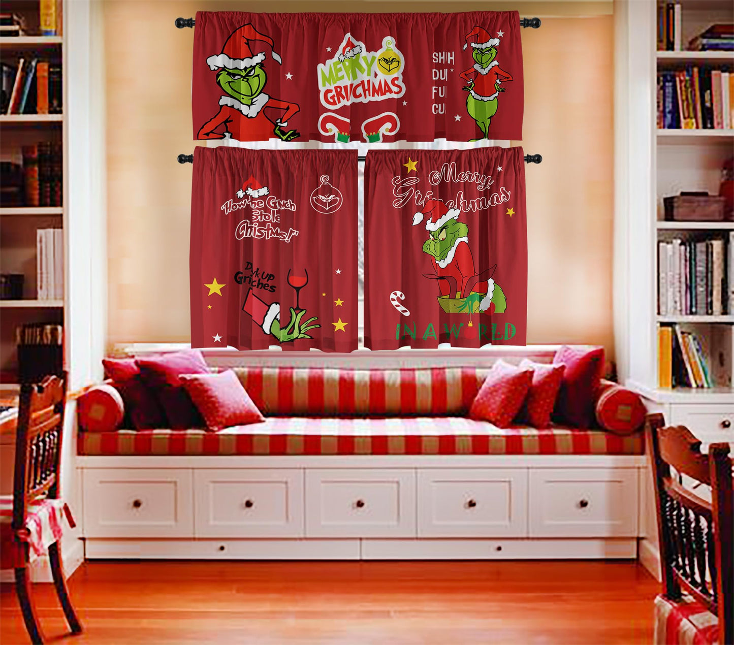 Cuteiush Christmas Kitchen Curtain Valances Winter Holiday Festive Small Window Decoration, Red and Green Farmhouse Xmas Design, 52x18inchx1, 26x36inchx2, 3 Panel, Rod Pocket