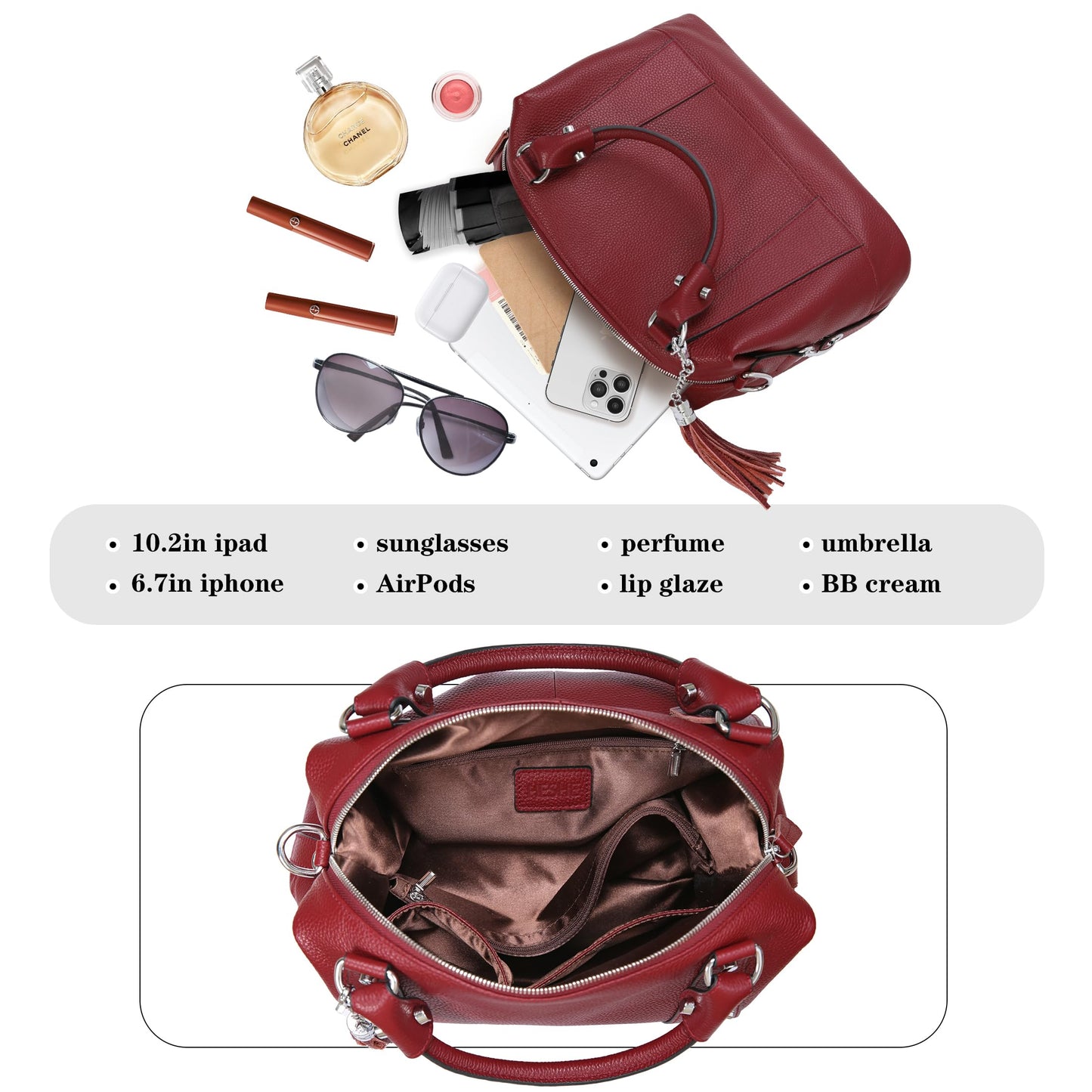 HESHE Soft Genuine Leather Purses for Women Shoulder Handbag Designer Handbags for Woman Hobo Bag Cross Body Purse Women’s Satchel Bag Totes Bags (Wine)