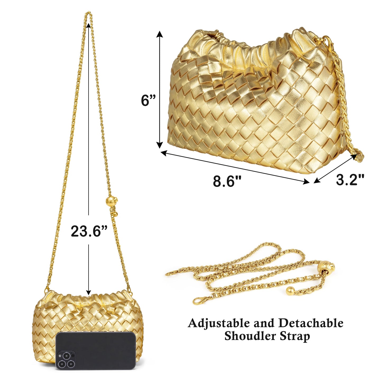 Joryin Woven Women's Crossbody Bag & Evening Purse, Trendy Dumpling Clutch & Hobo Cloud Shoulder Bag Trendy Dumpling Clutch Vegan Leather, Golden