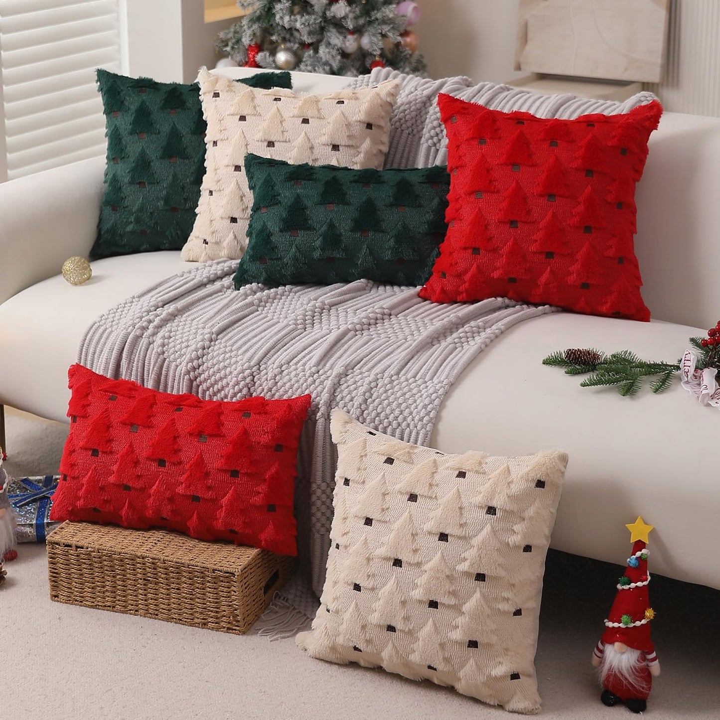 Allorry Christmas Pillow Covers 18x18 inch Set of 2 Christmas Decorations Soft Plush Faux Fur Wool Green Christmas Tree Throw Pillow Cases Winter Holiday Decor for Sofa Living Room PT-002A18