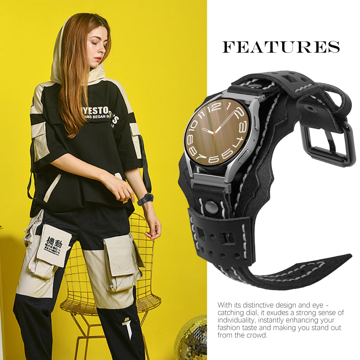 VIQIV Leather Band Compatible with Samsung Galaxy Watch 7/6/5/4/FE Active 2 40mm 44mm/Watch 4 6 Classic 43mm 47mm 42mm 46mm/Watch 5 Pro 45mm Bands Men, 20mm Two-Tone Gothic Biker Sport Leather Strap Women, Black