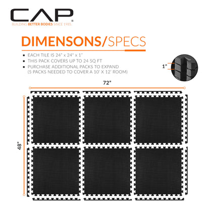 CAP Barbell 1-Inch Interlocking EVA Foam Exercise Puzzle Mat Home Gym Flooring - 1 Pack | 24" x 24" x 1" | T Pattern - Black