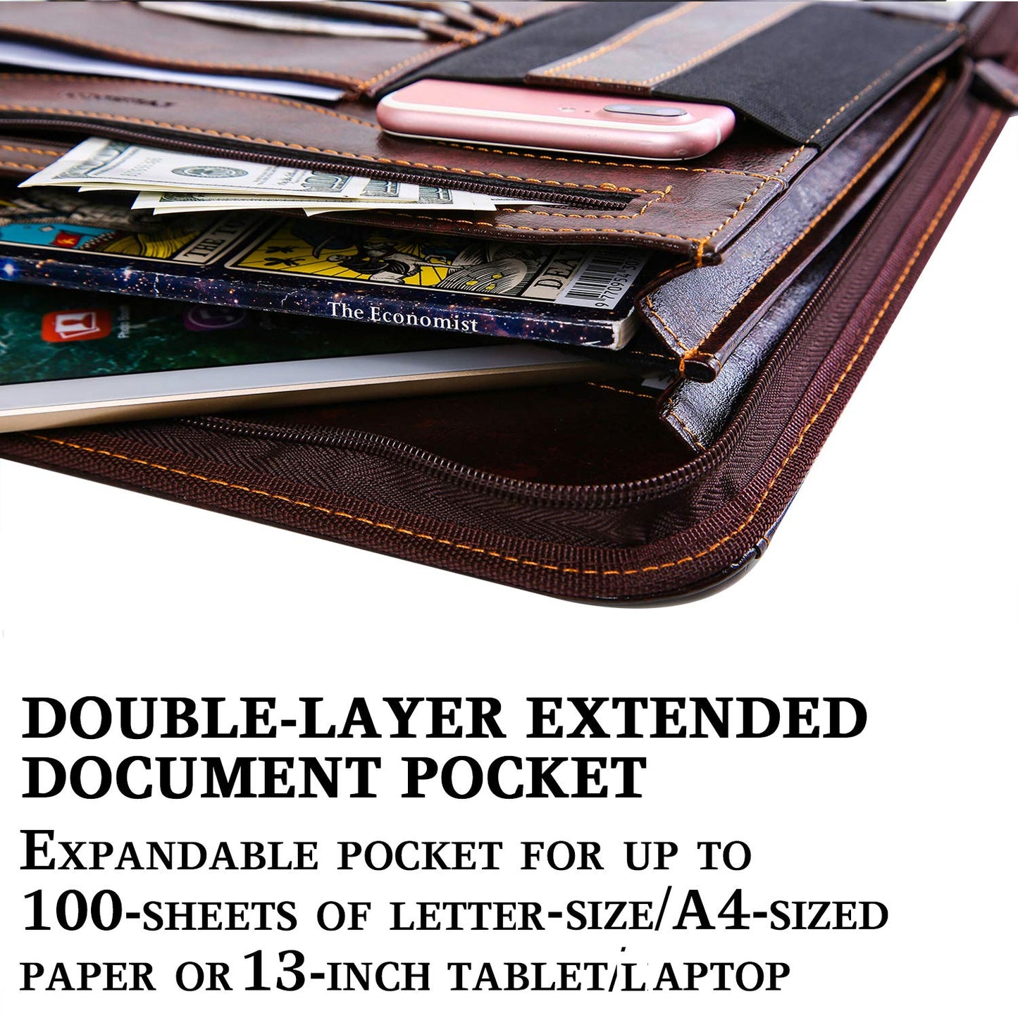 IVESIGN Zippered Padfolio for Women & Men Resume Portfolio Folder Vegan Leather Business Organizer Planner,with Writing Pad Interior 10.1 Inch Tablet Sleeve Dark Brown