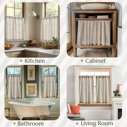 jinchan Colorful Striped Linen Kitchen Curtains 24 Inch Christmas Tier Curtains Farmhouse Modern Cafe Small Window Treatments Light Filtering Rod Pocket for Living Room Bathroom 2 Panels Multi Green