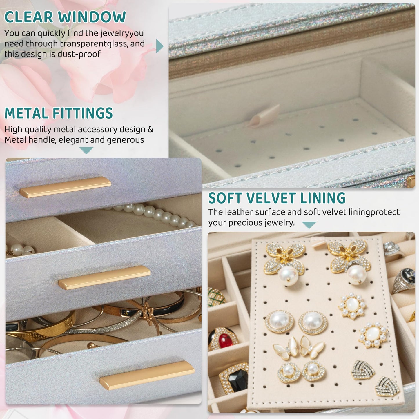 AKOZLIN 4-Tier Jewelry Box with Clear Glass Lid Functional Leather Jewelry Storage Organizer Case 3 Drawers for Women Girls Necklace Ring Bracelet Earring
