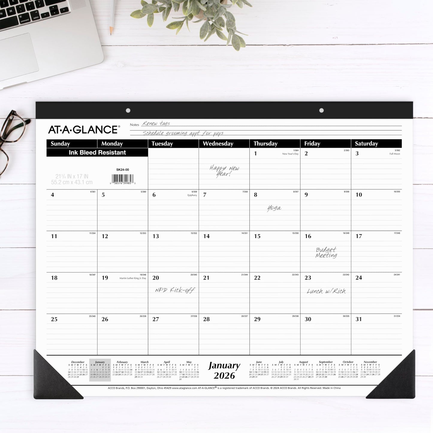 AT-A-GLANCE 2026 Desk Calendar, Desk Pad, Monthly, 21-3/4" x 17", Large, Ruled Blocks, 3 Pack (AZSK240026), White