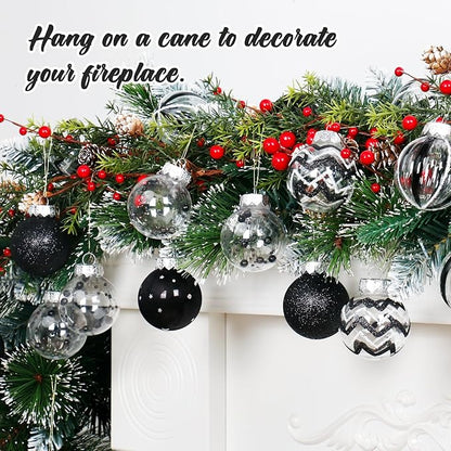 SY Super Bang 30PCS Black Christmas Ornaments Set, 60MM/2.36" Clear Plastic Shatterproof Ball Ornaments for Christmas Tree Hanging Decorations, for Home Holiday Party Xmas Decor.