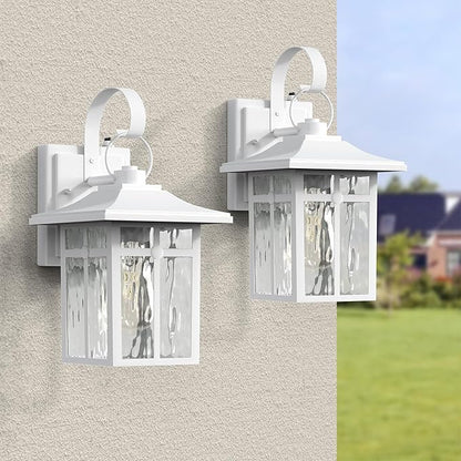 2 Pack Outdoor Dusk to Dawn Wall Lights, Outdoor Light Fixtures Wall Mount with Ripple Glass, Modern White Porch Lights, Aluminum Outoor Sconce Light for Entryway, Garage, Patio