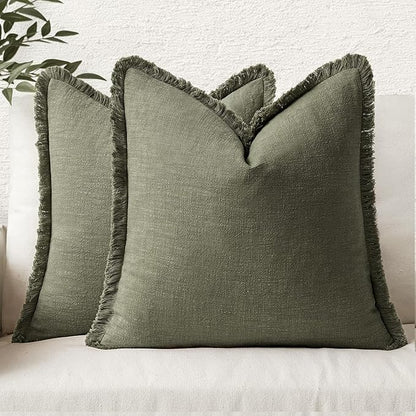 MIULEE Decorative Throw Pillow Covers Neutral Linen Fringe Throw Pillows Euro Shams Set of 2 Olive Green Boho Farmhouse Cushion Covers for Couch Sofa Bed Living Room Spring Home Decor 26x26 Inch