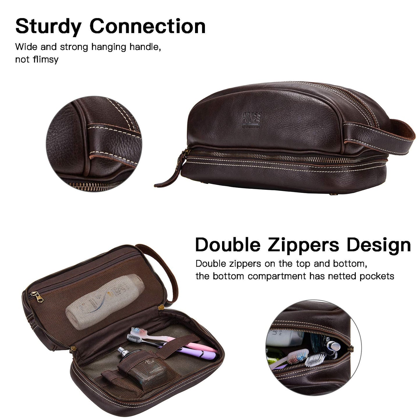 BRASS TACKS Leathercraft Travel Toiletry Organizer Dopp Kit Water-resistant Genuine Leather Shaving Bag for Toiletries Accessories For Men Women (Dark Brown)