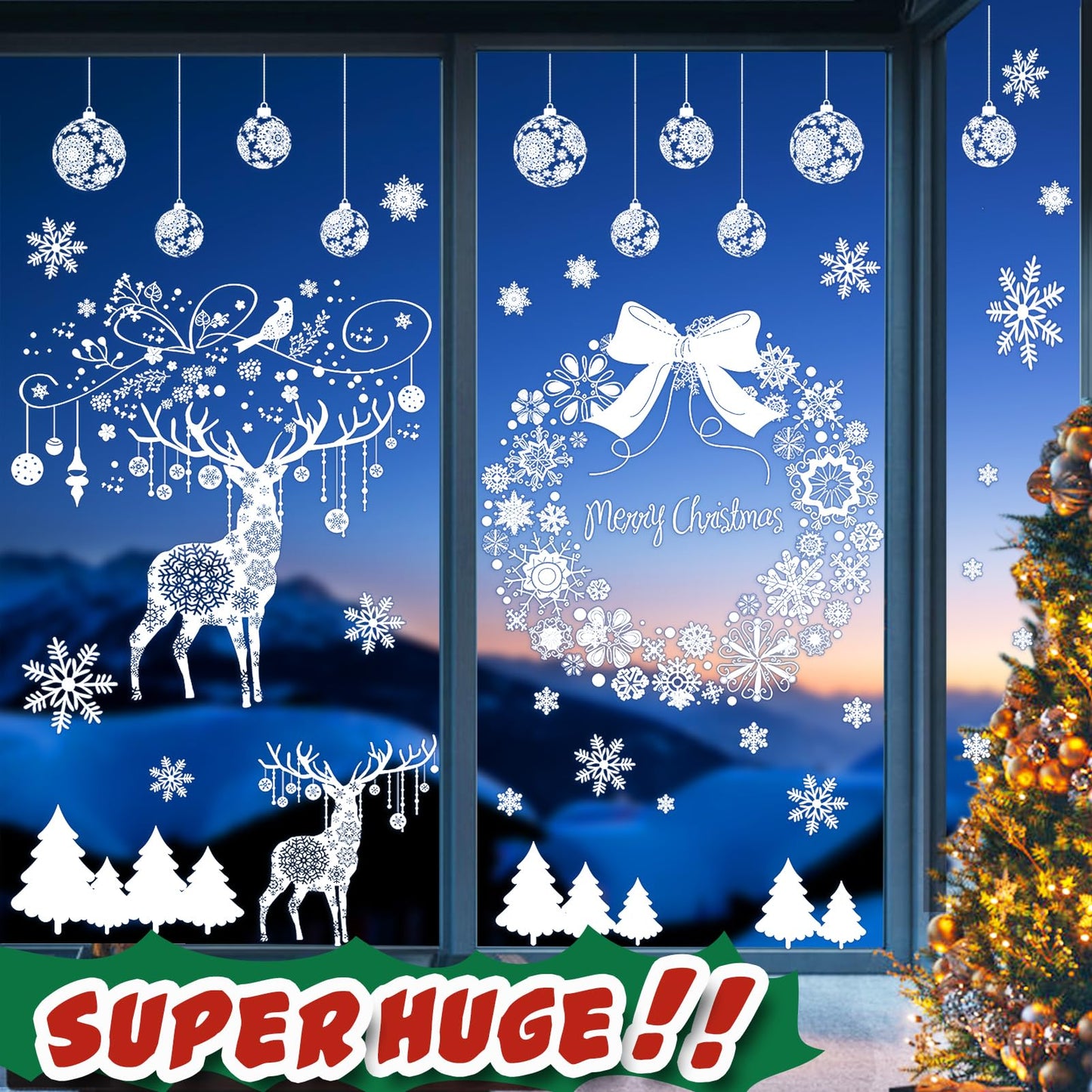 Super Huge Christmas Window Clings Static Snowflake Decorations, Reindeer Xmas Decor Winter Wonderland Decorations Window Stickers Decals for Indoor Holiday Party Decoration (4 Sheets)