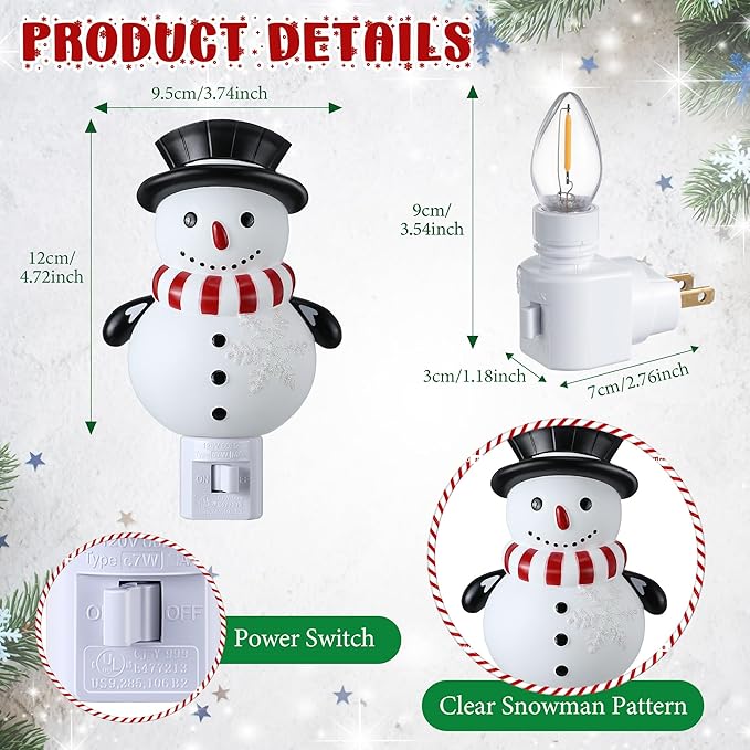 Christmas Snowman Night Light Plug in, Christmas Decoration 120V C7 LED Wall Plug in Nightlights, Christmas Night Light Decor for Bedroom Bathroom Kitchen Hallway Stairs