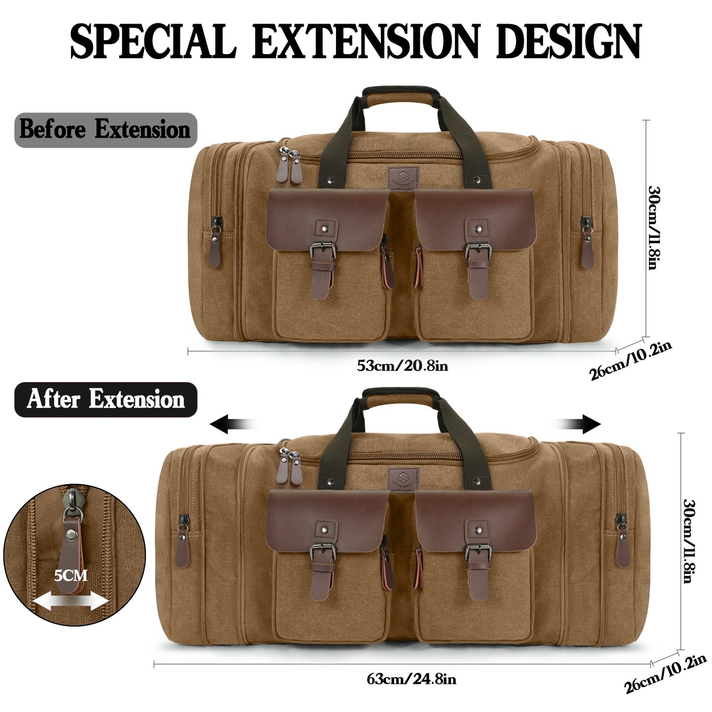 Densata Canvas Duffle Bag for Men 50L Travel Duffel Bags Expandable Genuine Leather Duffel Overnight Weekender Carry On Bag Two Zipper Pockets Travel Bag (Coffee, Large-50L)