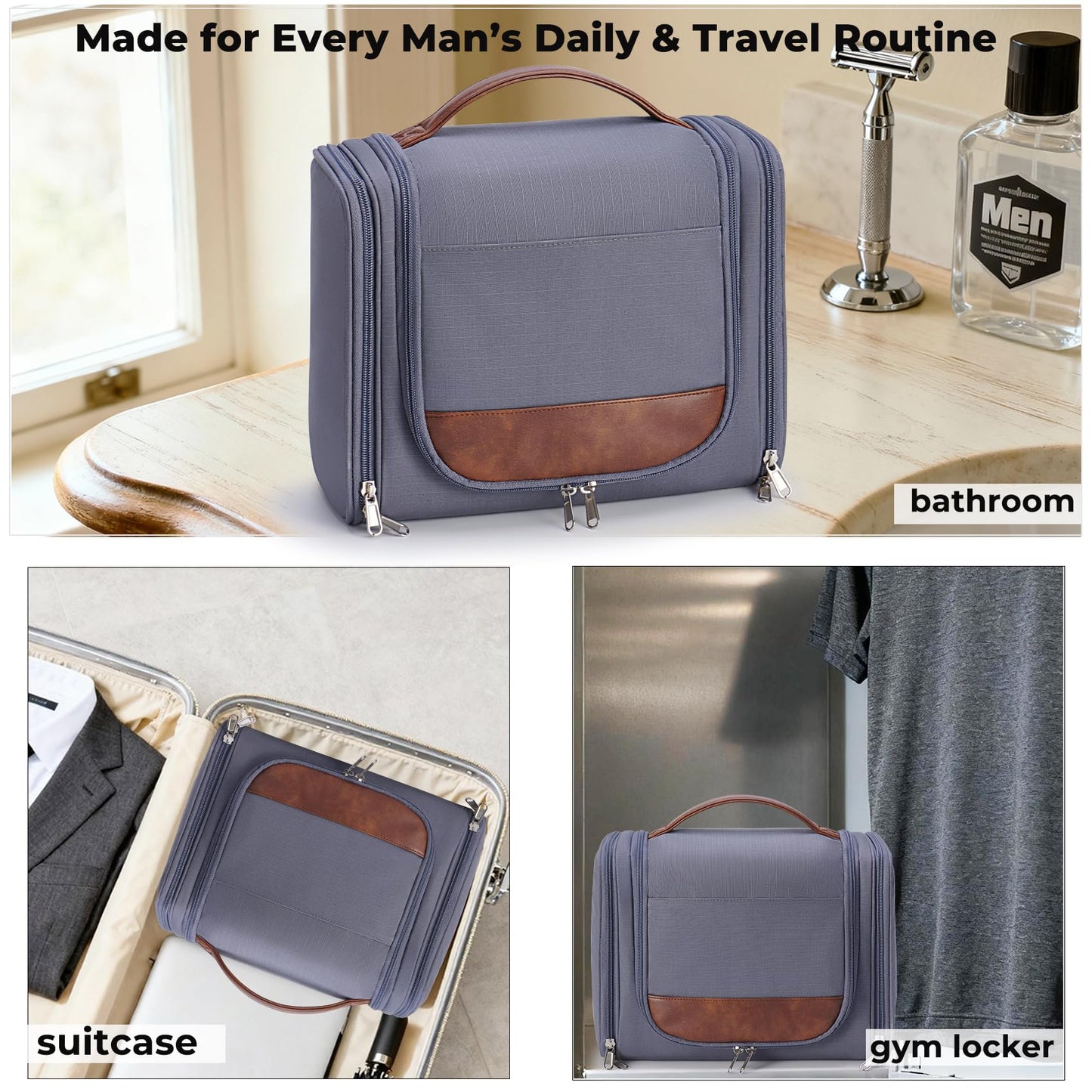 Ralnitote Large Hanging Toiletry Bag for Men, Travel Bathroom Bag with Hook, Hygiene Bag Organizer for Shower, Shaving & Grooming Essentials, Gray