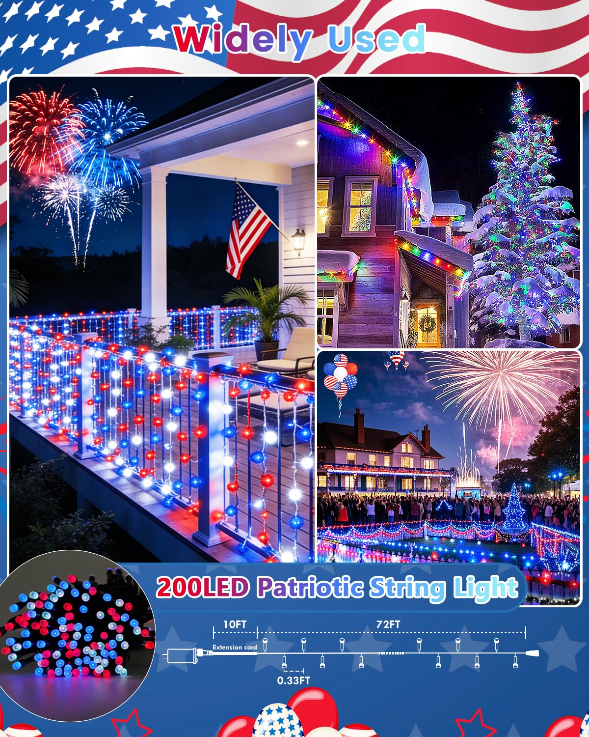 600LED Smart 4th of July String Lights | 206FT App Controlled Red White and Blue American Flag Lights, Waterproof Patriotic RGB Color Changing String Lights with Remote & Timer Outdoor for Memory Day