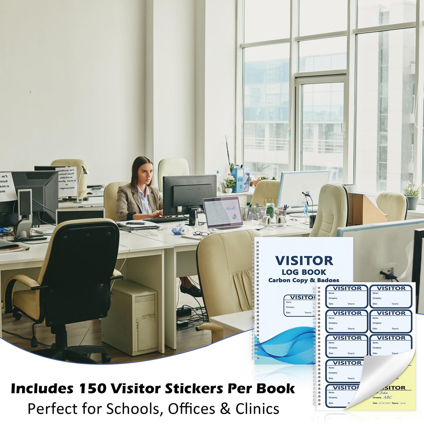 1 Pack Visitor Badges with Carbon Copy Visitor Stickers Letter Size Visitor Log Book Protecting Privacy Pages for School Church Business Visitor Pass Stickers 150 Visitor Badges 30 Memo Pages (1)