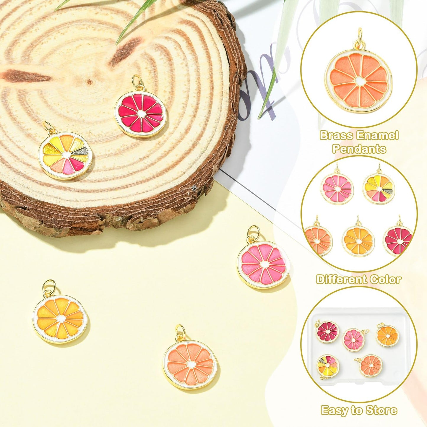 Stiesy Lemon Slice Enamel Charms Pendants, 5Pcs Brass Enamel Charms with Jump Ring, Real 18K Gold Plated Summer Theme Jewelry Making, DIY Fresh Unique Necklace Bracelet