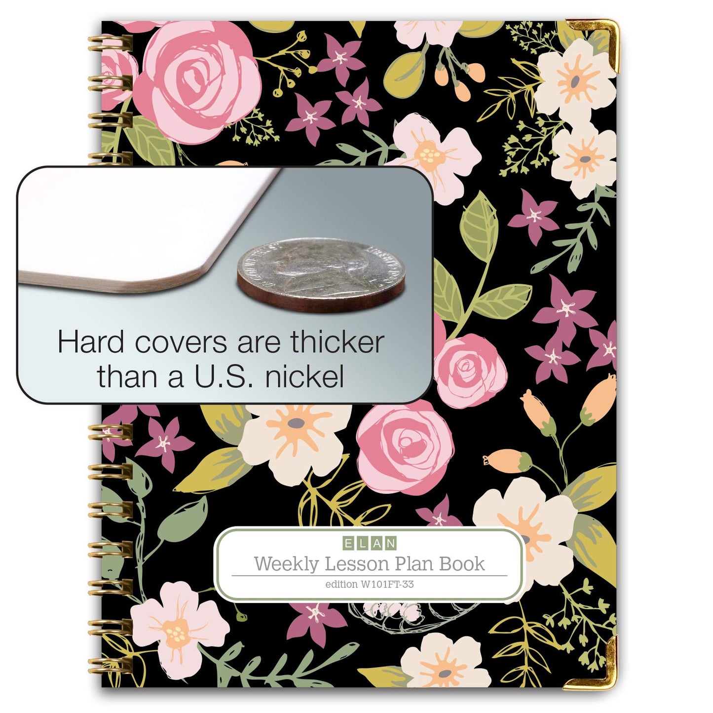 Elan Publishing Company HARDCOVER 7 Period Teacher Lesson Planner - Days Horizontally Across The Top with Bonus Clip-in Bookmark (Black Floral)