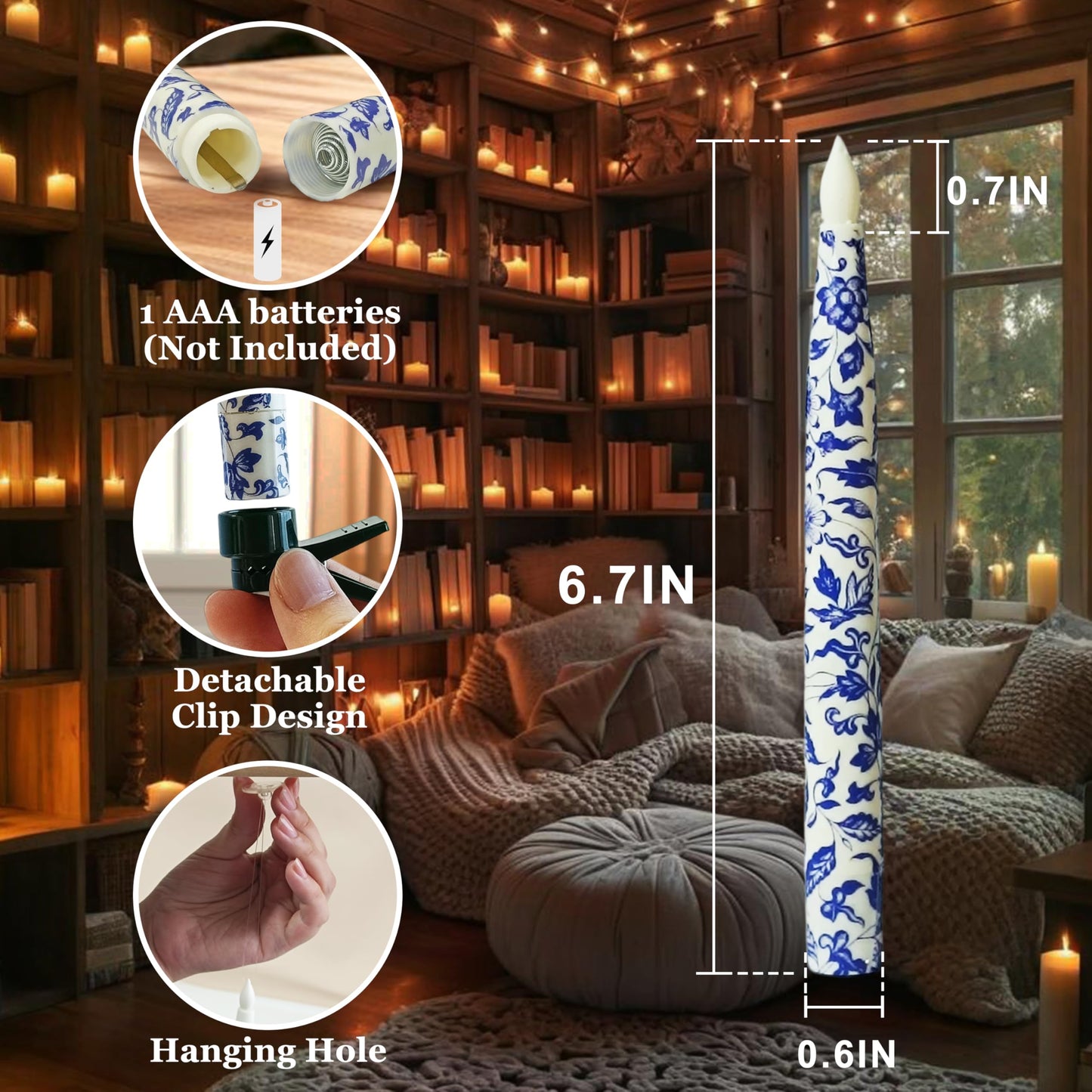 Blue and White Flameless Taper Candle 12 Pack Floral LED Magic Hanging Candle Battery Operated Floating Candles Floating Candles with Wand Remote Timer for Mother's Day Home Wedding Garden Party Decor