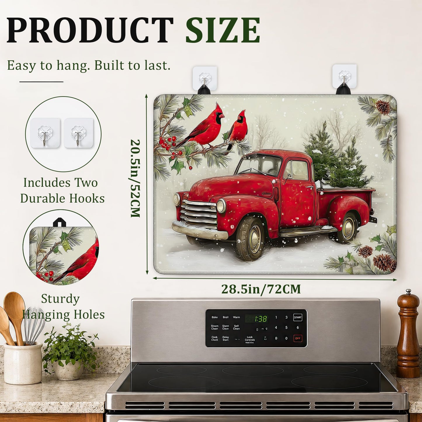 Red Truck Christmas Stove Top Cover for Electric Stove 28.5"x 20.5",Cardinal BirdHeat Resistant Glass Top Stove Cover Protector, Glass Cooktop Covers, Kitchen Flat Electric Stove Top Covers