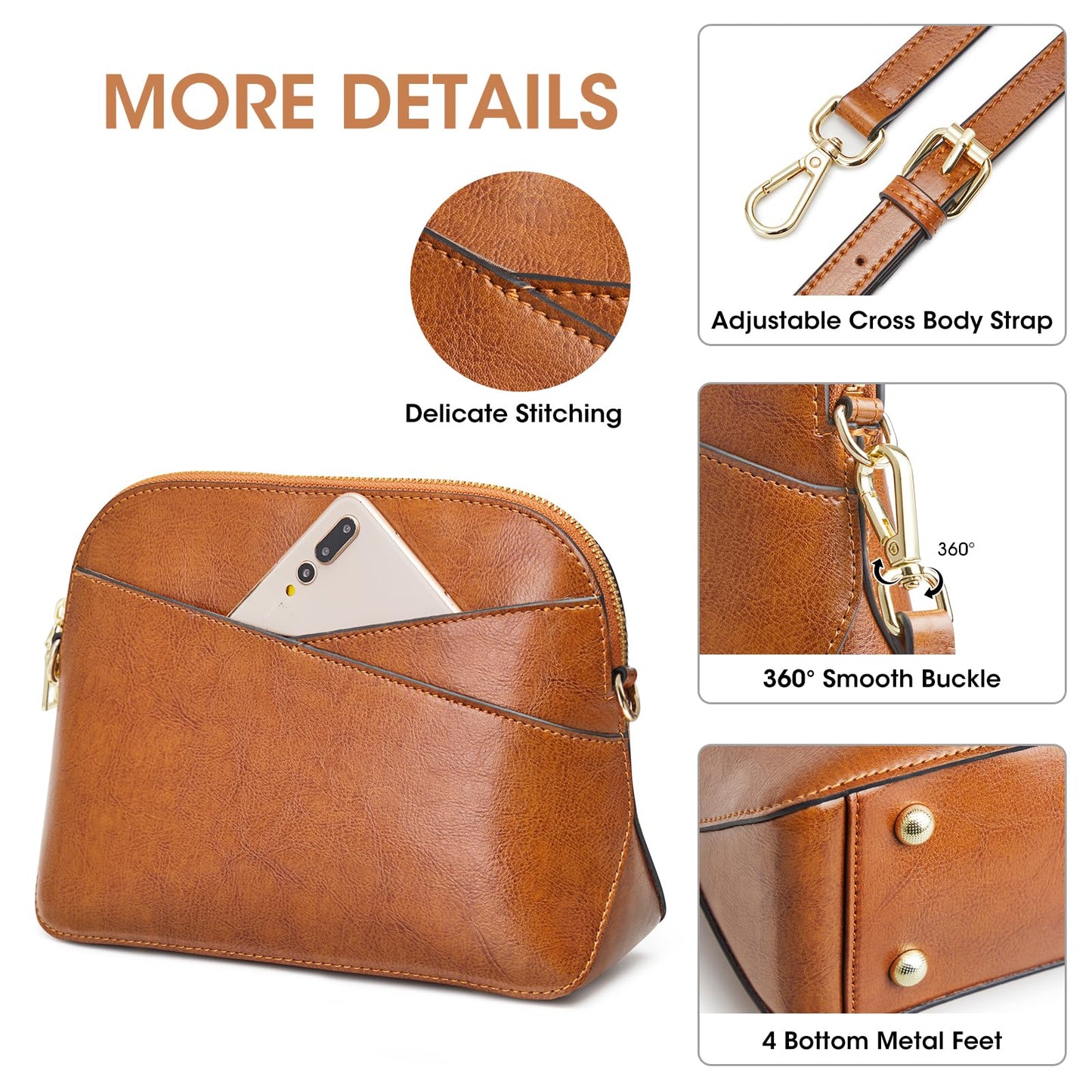Kattee Leather Crossbody Bags for Women Trendy, Small Purses Handbags Shoulder Bag, Genuine Leather Cross Body Bag for Woman, Light Brown