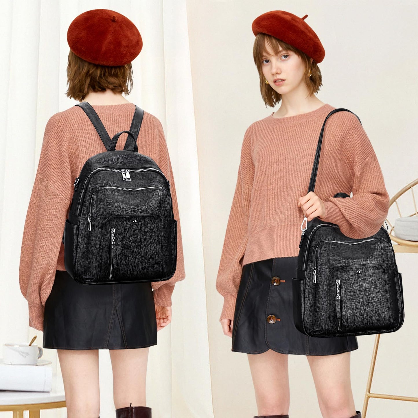 ALTOSY Fashion Genuine Leather Backpack Purse for Women Shoulder Bag Casual Daypack Medium(S9 Black New)