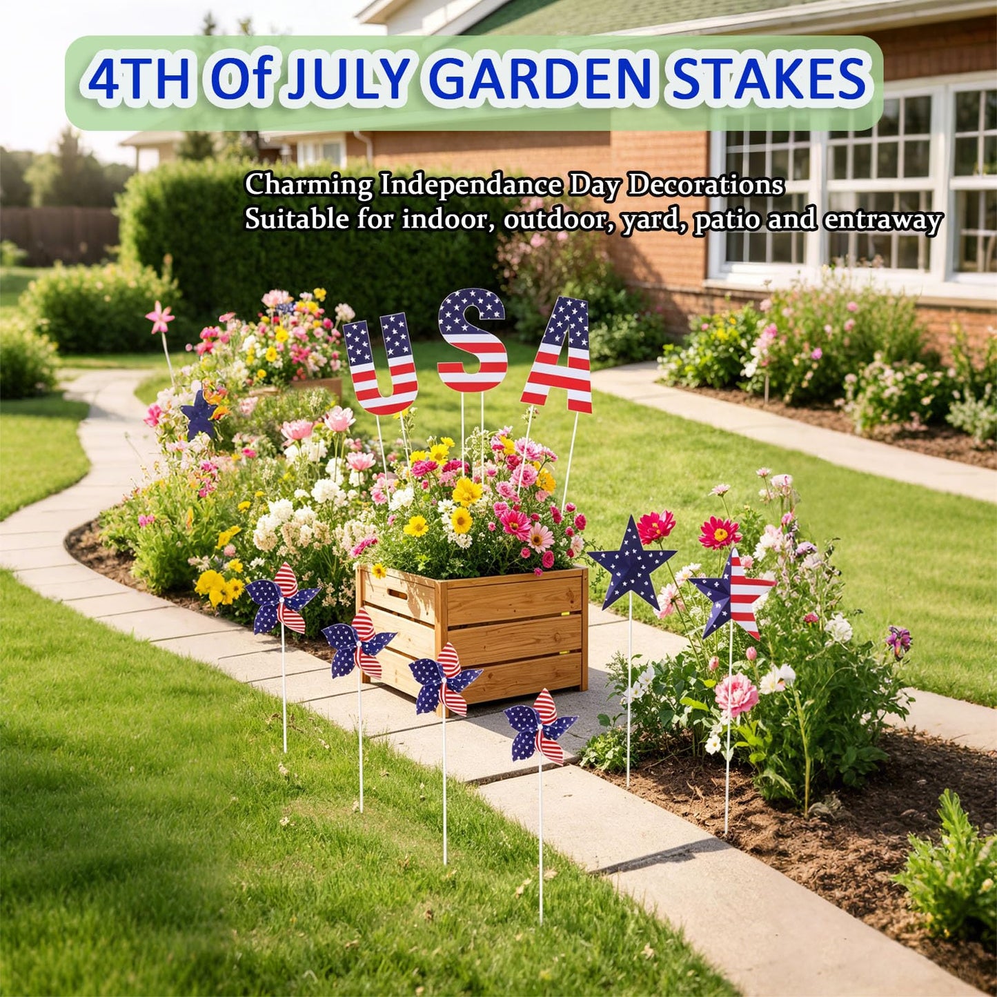 Nalanzhou 13Pcs 4th of July Outdoor Decoration Garden Stakes, 250th Patriotic Plastic USA Shape Yard Signs, Red White Blue Star Planter Stakes Pinwheels for Independence Day Memorial Day Anniversary