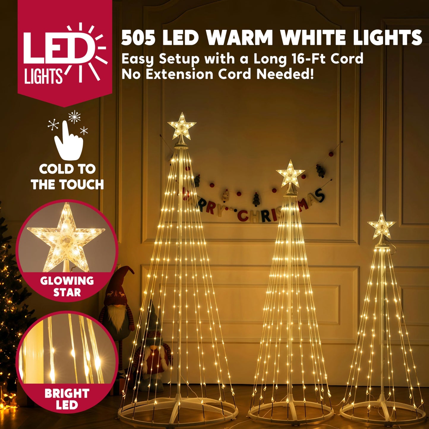 JOYIN 3 Pack LED Christmas Cone Tree Lights, 4FT 5FT 6FT Outdoor Lighted Tree with 8 Lighting Modes & Star Topper, Christmas Decorations for Yard Porch Patio Garden Holiday Decor, Warm White