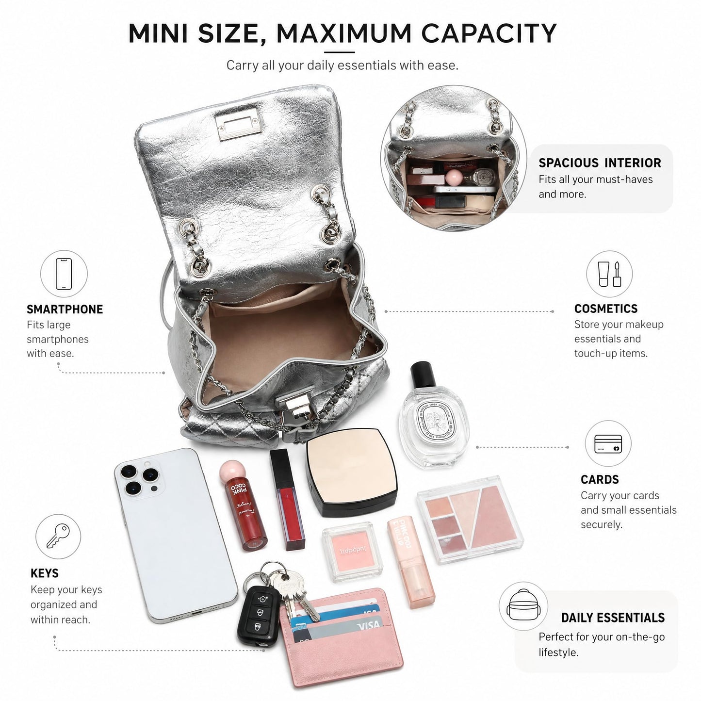 COC.EFRENAR Quilted Mini Backpack for Women, Chain Strap Small Purse with Flap Closure, Fashion Shoulder Bag Cute Travel Daypack(Silver)