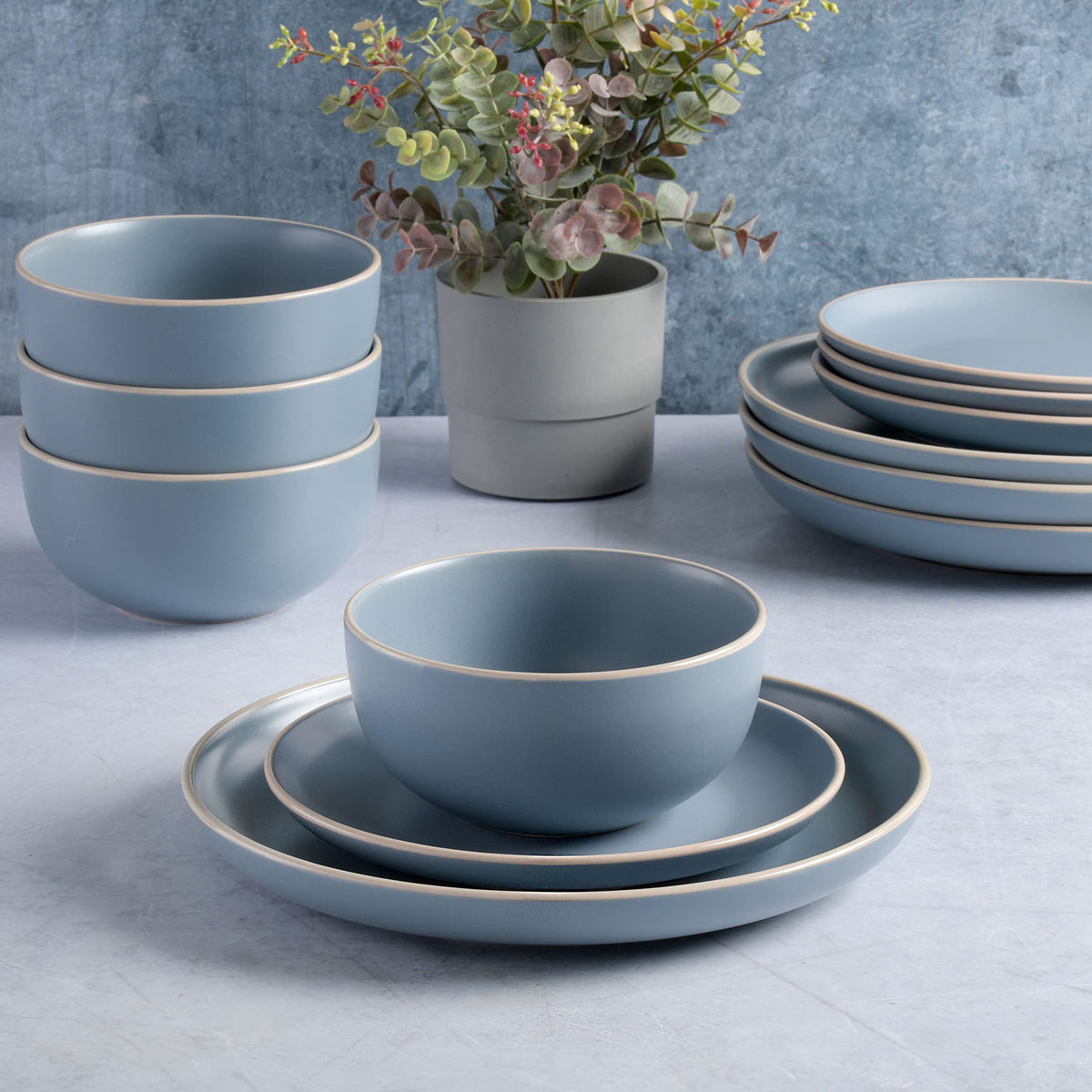 Gibson Home Queenslane 16 Piece Double Bowl Plates and Bowls Dinnerware Sets - Matte Blue