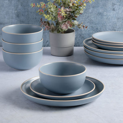 Gibson Home Queenslane 16 Piece Double Bowl Plates and Bowls Dinnerware Sets - Matte Blue