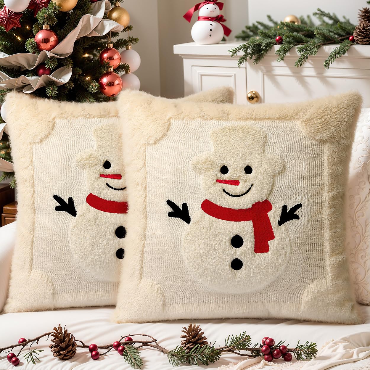 SEGXCFL Christmas Pillow Covers Set of 2 Soft Plush Faux Fur Pillow Cases 3D Embroidered Decorative Couch Cover Home Decor Christmas Throw Pillow Covers 18x18,Beige Snowman