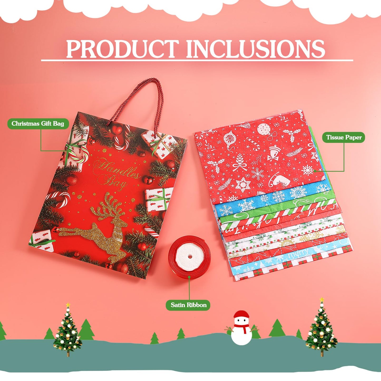 Rusikia 12 Christmas Gift Bags with 12 Tissues and 1 Satin Ribbon - Medium