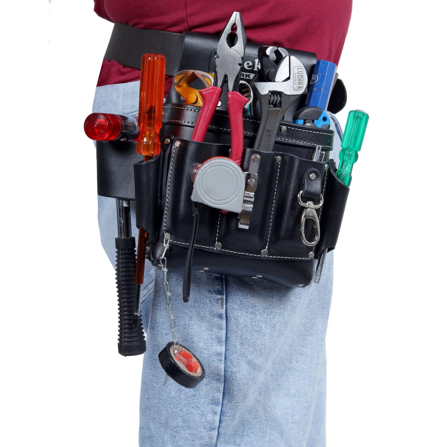 VEEKAY Tool Pouch for Electricians - 10 Pocket Leather Organizer for Electricians, Carpenters & Construction Workers, Professional Leather Tool Pouch, Durable, Professional Heavy Duty Pouch - Black