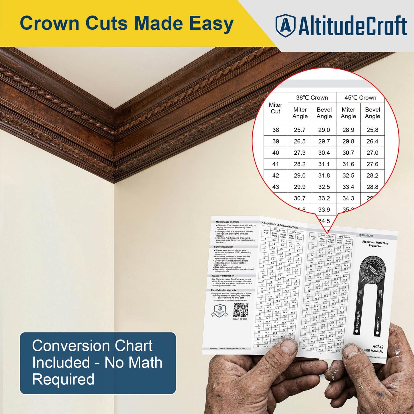 AltitudeCraft Precision Miter Saw Protractor – No-Math Angle Finder for Crown Molding, Trim & Woodworking | Heavy-Duty Aluminum, 360° Rotation (7.28 In)