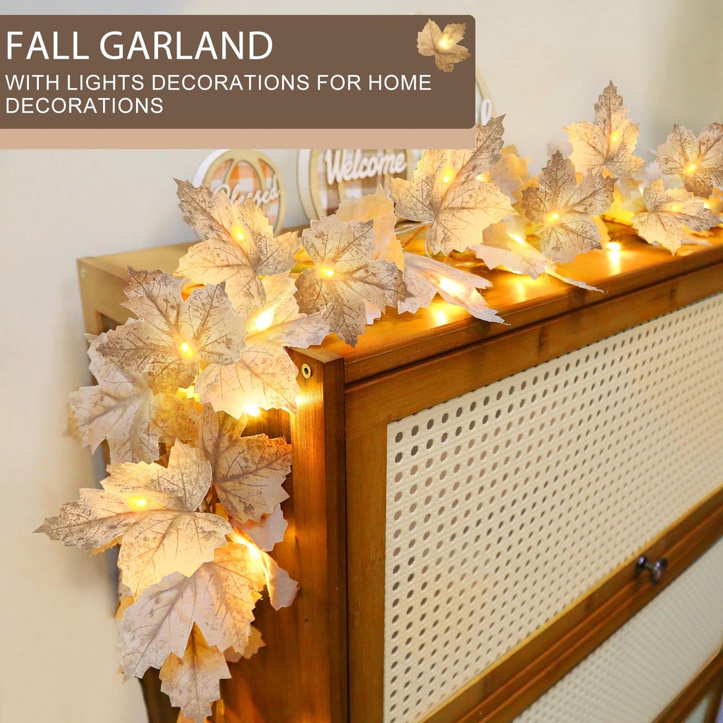 3 Pack Fall Decor - Fall Garland with Lights Fall Decorations for Home, Total 20Ft 60LED Thick Lighted Maples Leafed Autumn Garland Wedding Harvest Fireplace Party Christmas Thanksgiving Decorations