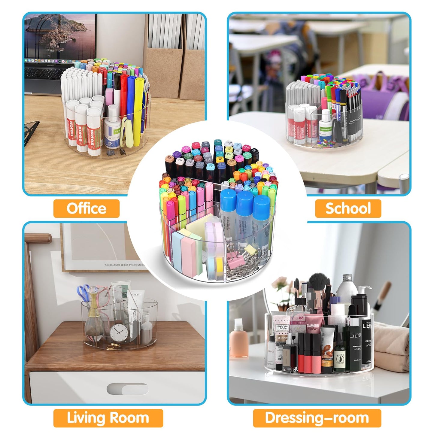 Mefirt Acrylic Pen Holder, 360 Degree Rotating Pen Organizer, Rotating Desk Acrylic Office Organizer with 6 Compartments, Marker Organizer for Kid, Crayon Caddy School Art Supply Storage Organizer