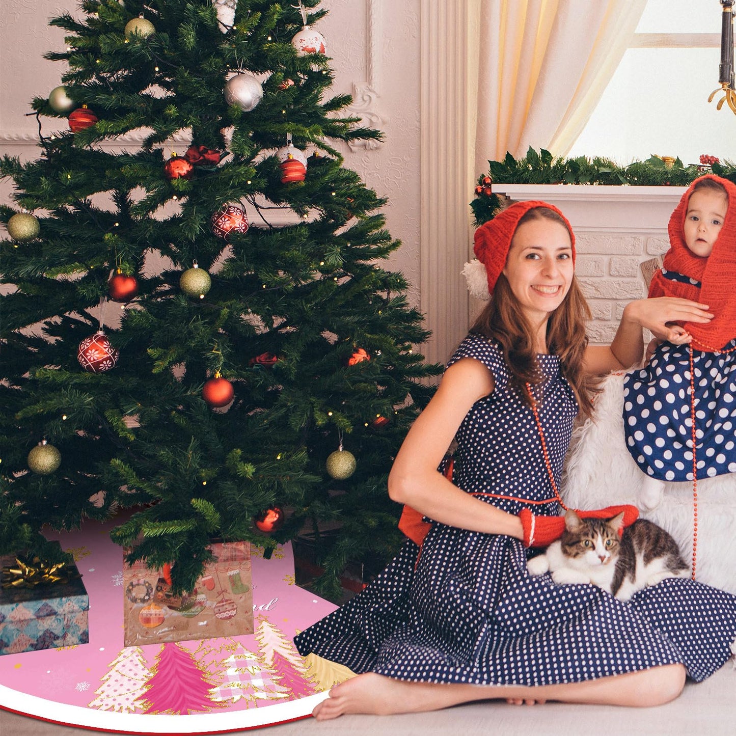 Tiamon 48 Inch Pink Christmas Tree Skirt Large Double Layer Xmas Tree Decoration Merry Christmas Tree Skirt Mat Decor for Winter Holiday Party Christmas Decorations Supplies