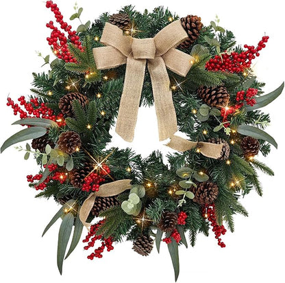 Christmas Lighted Wreath for Front Door, 28 Inches Pre-Lit 35 LED Lights, Natural Pine Cones Artificial Holiday Wreath for Indoor Outdoor Home Decorations