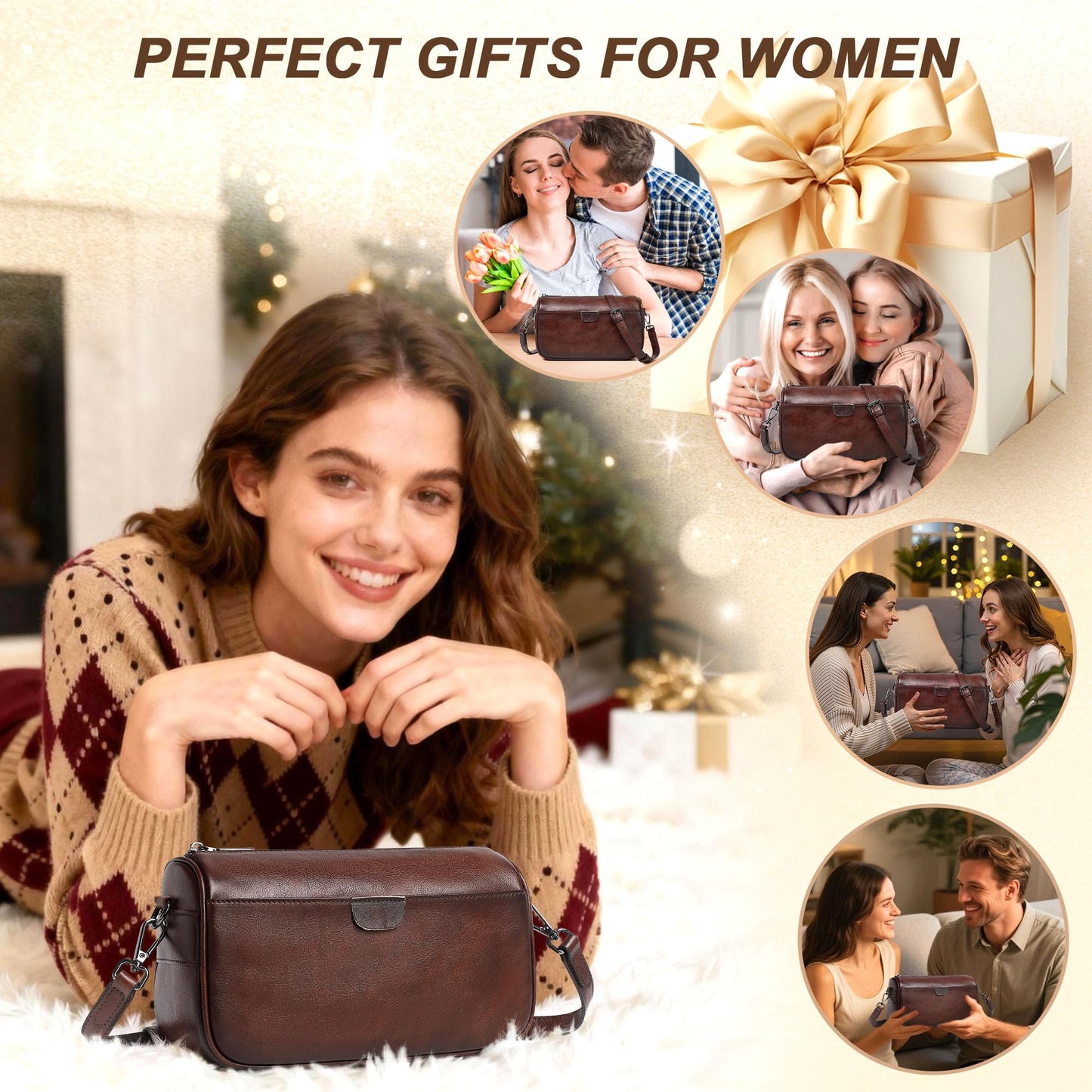 Genuine Leather Crossbody Purses Bag for Women,Travel Casual Handbag Bag, Small Shoulder Cross body Purse with Two Adjustable Straps (Coffee)