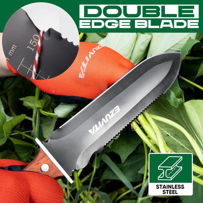 EZUVITA Hori Hori Garden Knife, Gardening Tools with Leather Sheath for Weeding, Gardening, Digging, 7” Stainless Steel Blade with Black Electrophoresis Coating, Double Cutting Edge, Full Tang Wood Handle with Hanging Hole, Fathers Day Gift