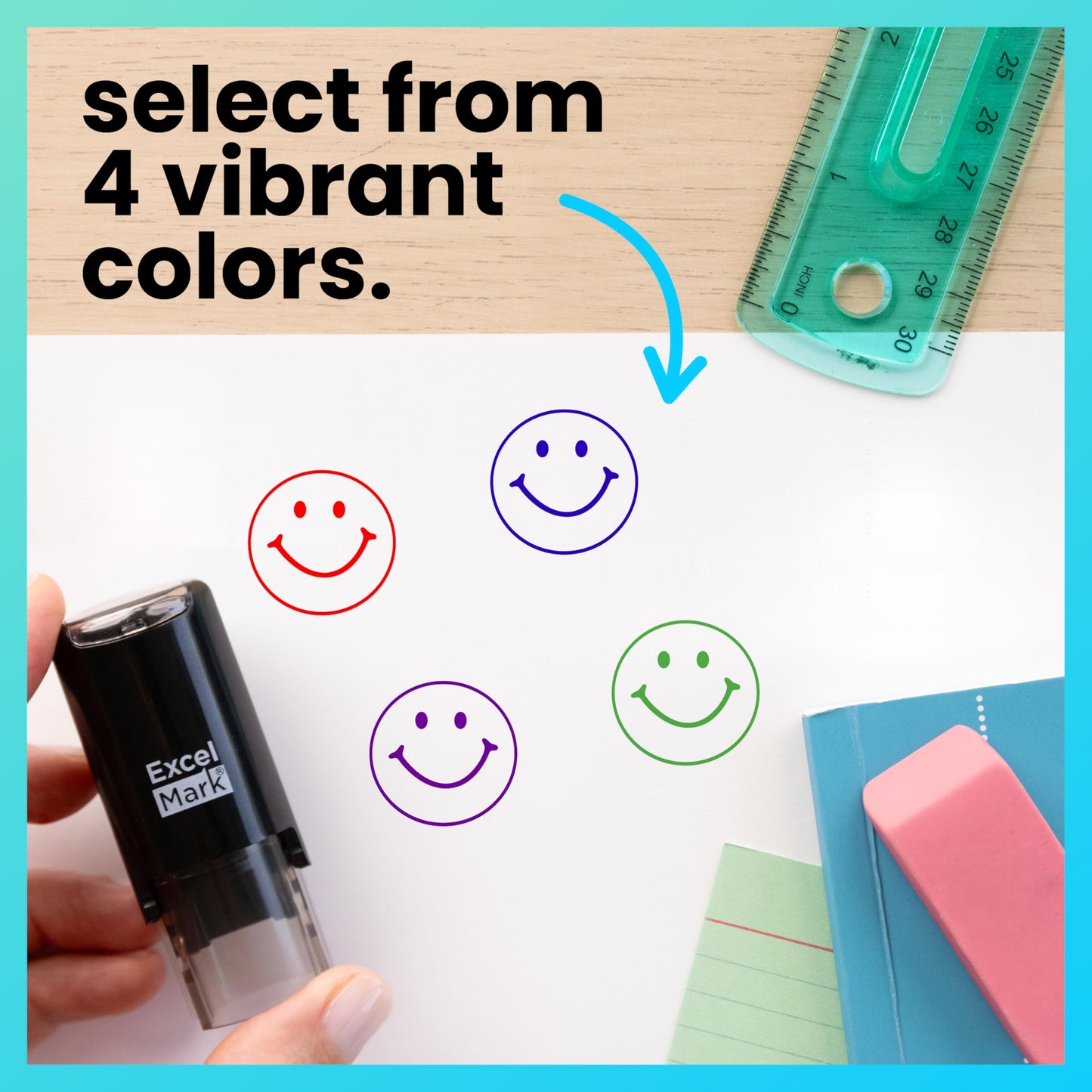 ExcelMark Smiley FACE - Self-Inking Round Teacher Stamp - Purple Ink